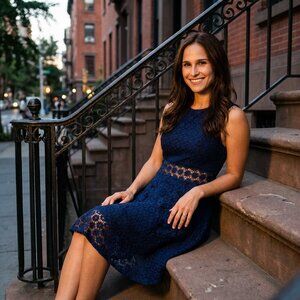 Iris Womens L Navy Lace Fit Flare Dress Sheer Waist Scallop Party MOD